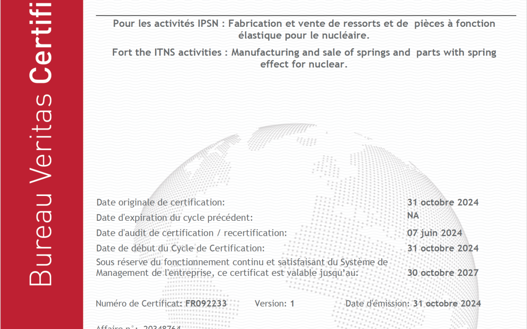 Ressorts Masselin obtient la certification ISO 19443 – Qualité et Sureté Nucléaire